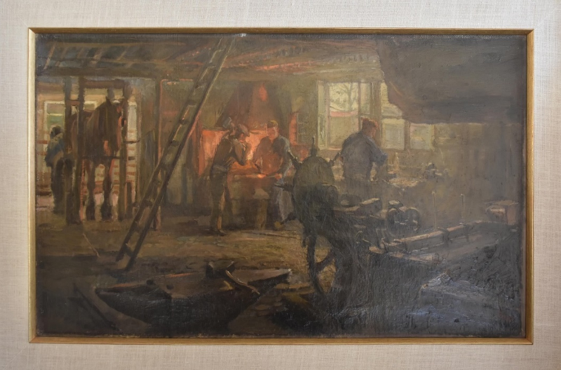 A photo showing one of the available artworks, an original oil painting by Piet van Boxel Sr. of a blacksmith's workshop.